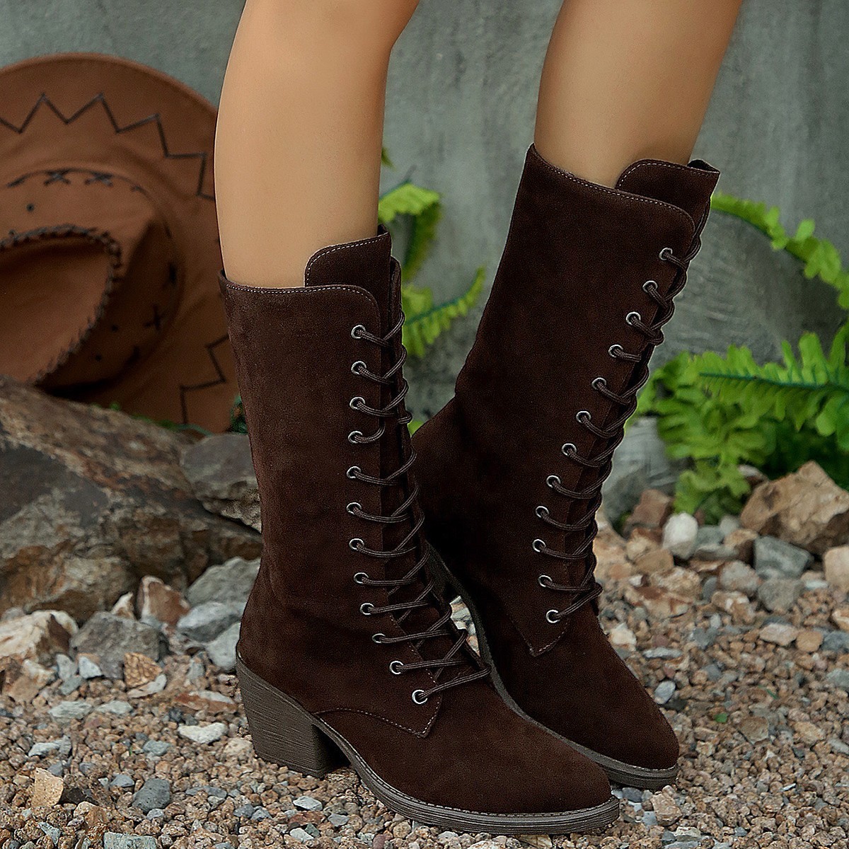 Mid-calf Fashion Suede Lace-up Pointed Chunky Heel Women's Boots - Image 2