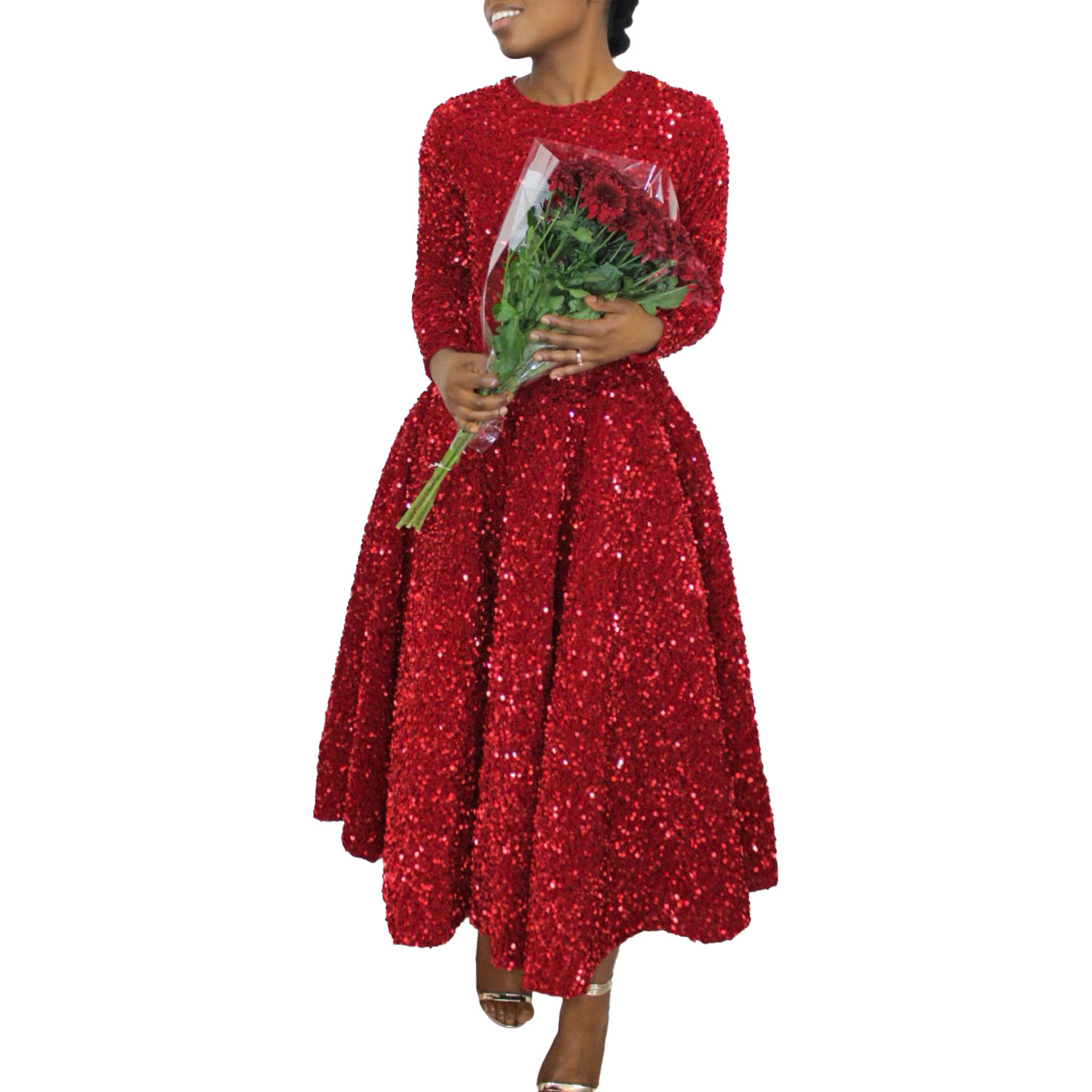 Women's Round Neck Long Sleeve Pure Color Sequins Mid-length Formal Dress – Bild 5