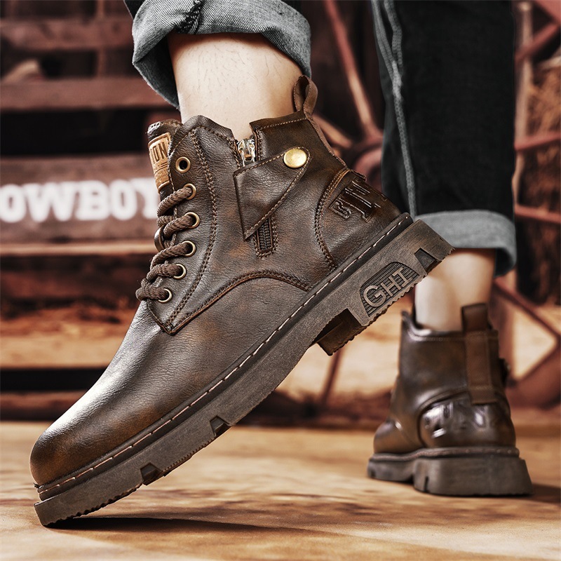 Men's High-top Retro Side Zipper Motorcycle Leather Boots - Image 4