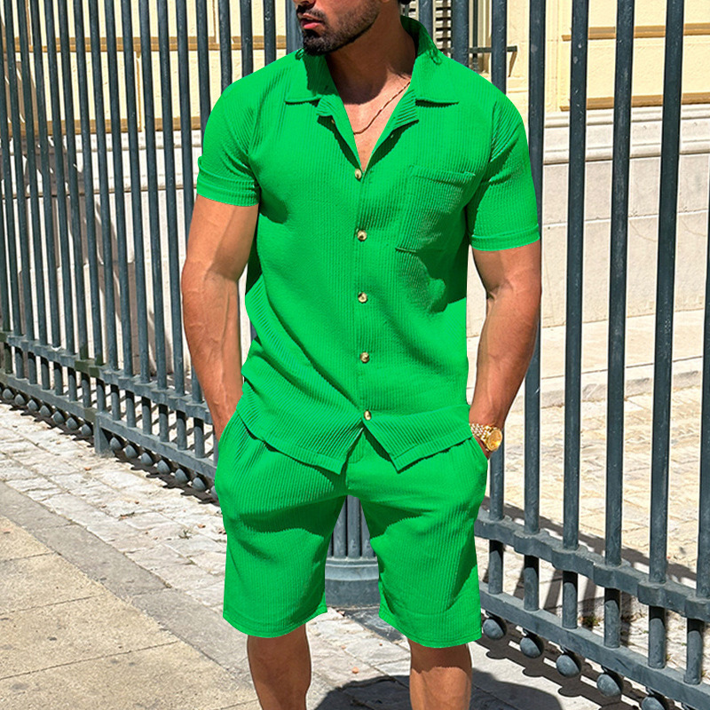 Men's Lapel Cardigan Shorts 2 Pieces Suit Summer Solid Color Vertical Stripes Short Sleeve Shorts — изображение 4