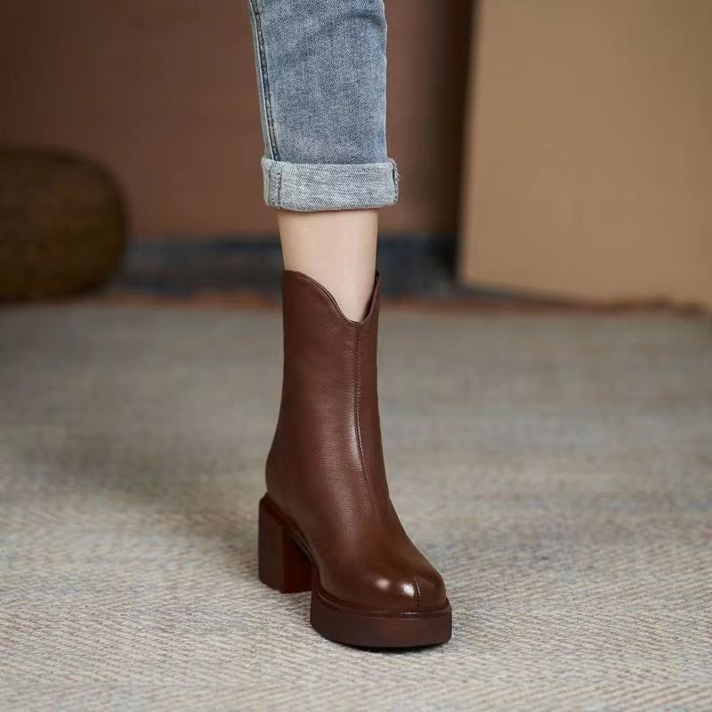 Women's Autumn And Winter Thick Heel Real Soft Leather High-heeled Martin Boots - Image 2