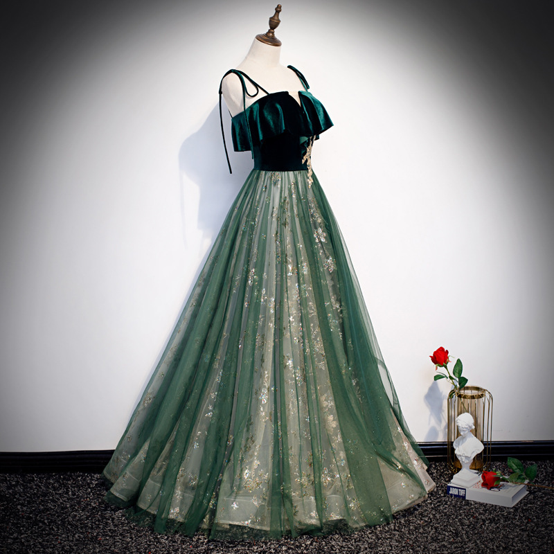 Banquet Sling Temperament Long Dress Dark Green Fantasy Mori - Image 2