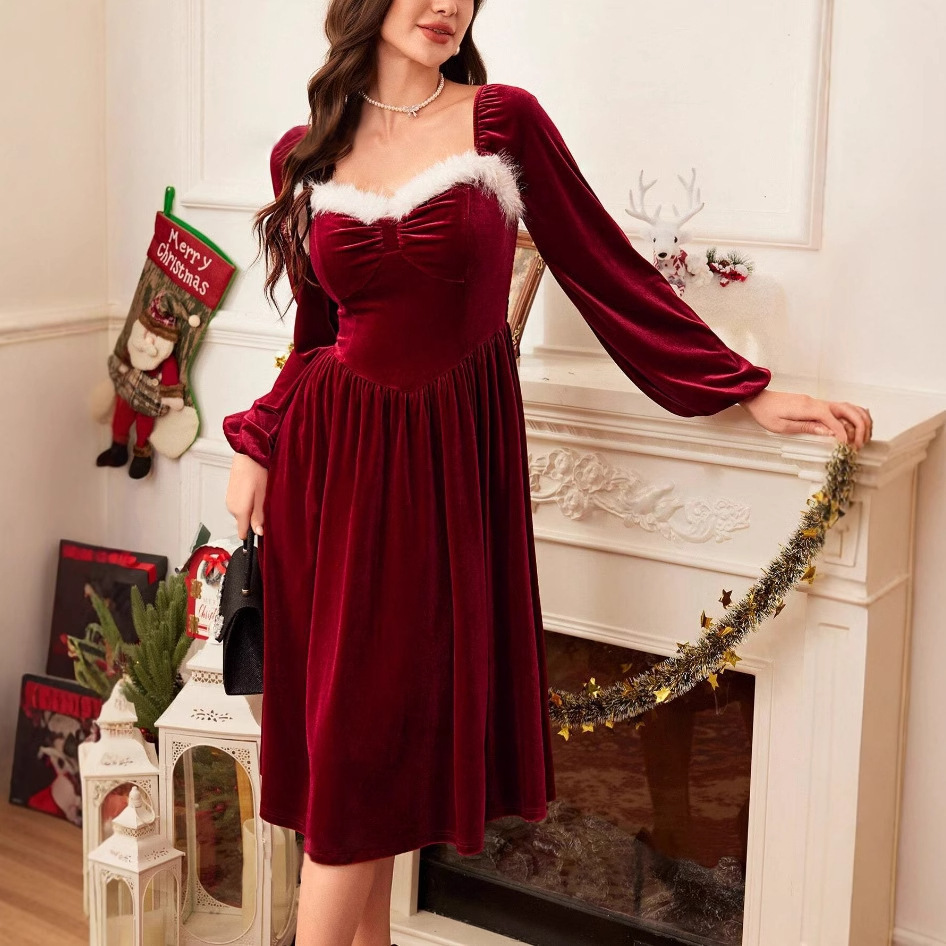 Women's Vintage Christmas Party Long Sleeve Red Dress - Image 5