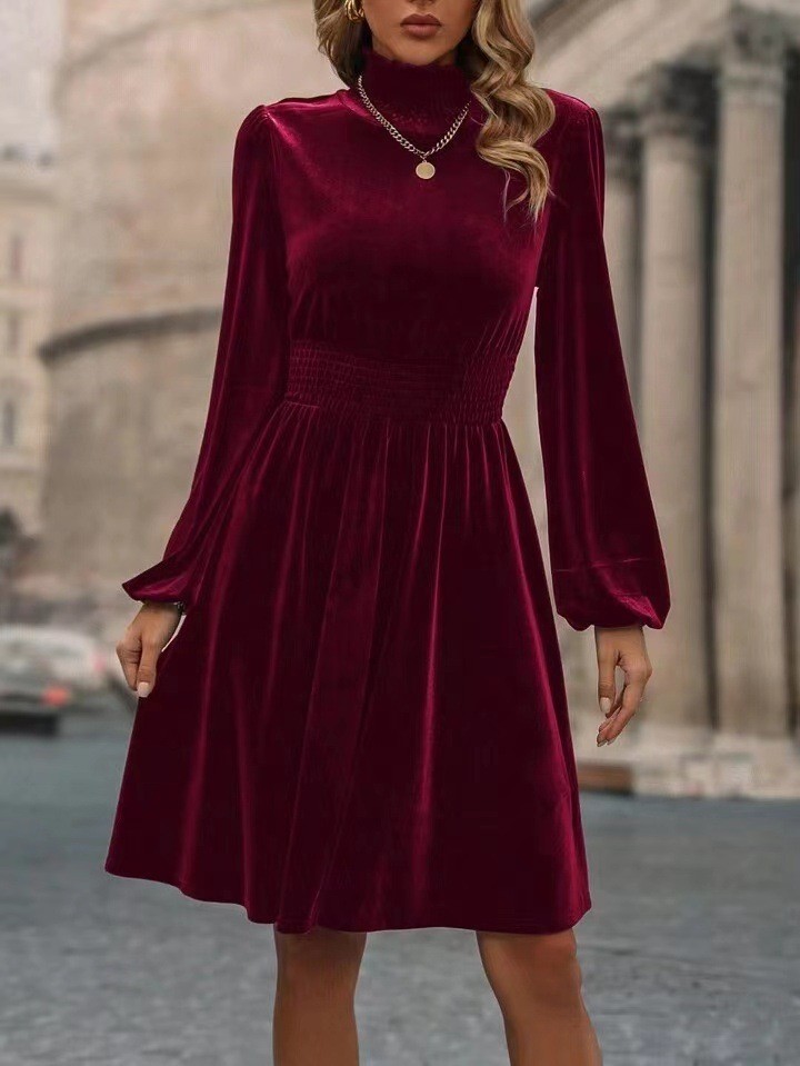 Graceful Stand Collar Solid Color Velvet Long Sleeve Dress - Image 7