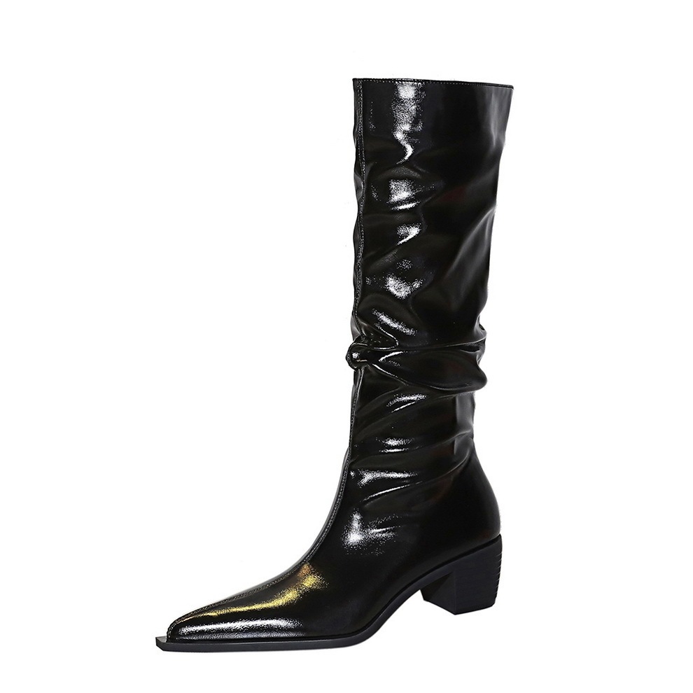 Women's Over-the-knee Boots Chunky Heel Mid Heel Pointed Wrinkled Surface - Image 5