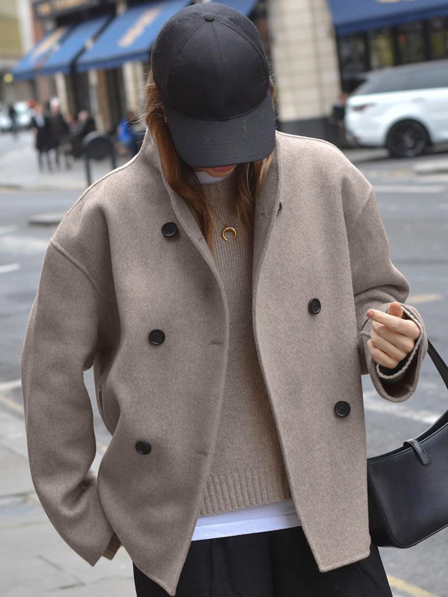 Vintage Brown Woolen Coat Women's V-neck - Image 3