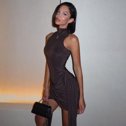 Women's Sexy Sleeveless Bodycon Mini Dress With Side Slit & Tie Detail - Stretchy Clubwear Party Dress