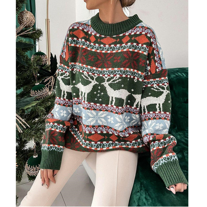 Women's Fashion Round Neck Loose Christmas Theme Jacquard Long Sleeve Sweater — изображение 4