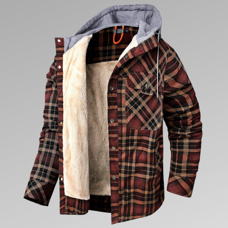 Men's Long Sleeve Velvet Thickened Hooded Plaid Shirt Coat - Image 2