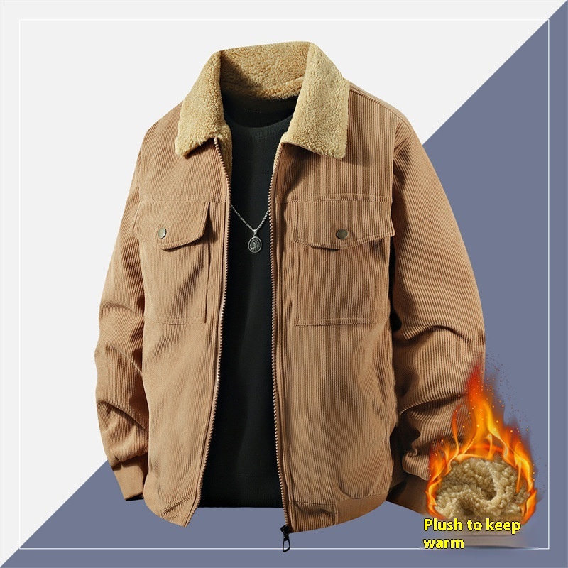 Fleece Corduroy Cotton Coat Jacket Men's Loose Casual Polo Collar Coat - Image 9