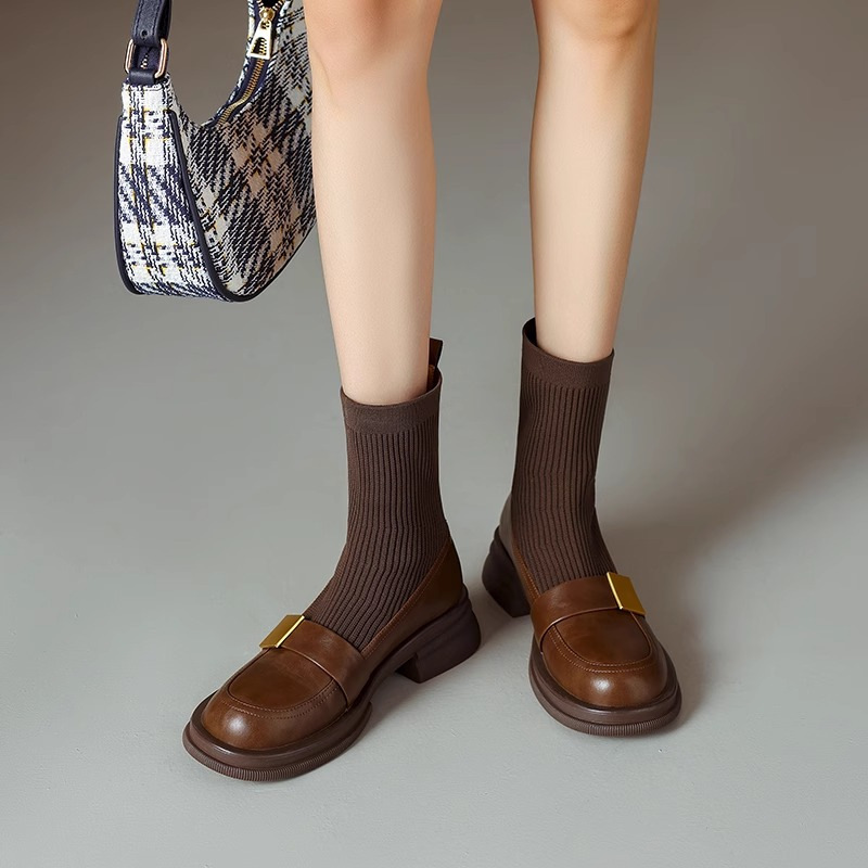 Knitted Stretch Chunky Heel Retro Women's Ankle Boots - Image 7