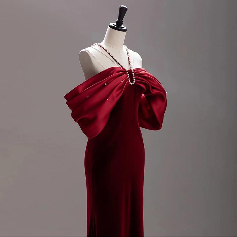 Premium Sense Wine Red Engagement Fishtail Temperament One Line Shoulder Evening Dress - Image 6