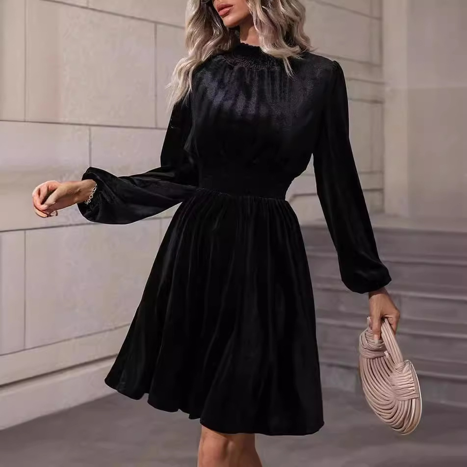 Graceful Stand Collar Solid Color Velvet Long Sleeve Dress - Image 3