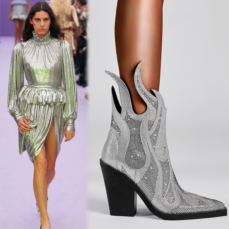 New Sexy Square Toe Chunky Heel Rhinestone Flame Martin Boots - Image 3