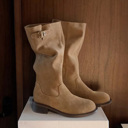Cowhide Maillard Round Head Buckled Chunky Heel Below The Knee Boots