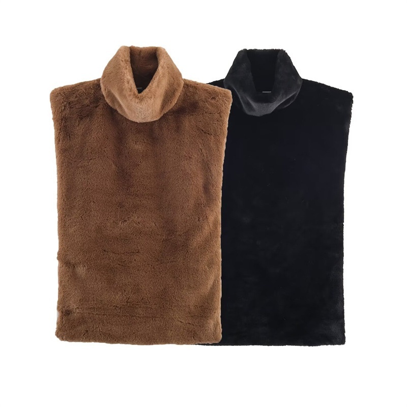 Casual Versatile Solid Color Half-turtle Neck Furry Sleeveless Top Women - Image 6
