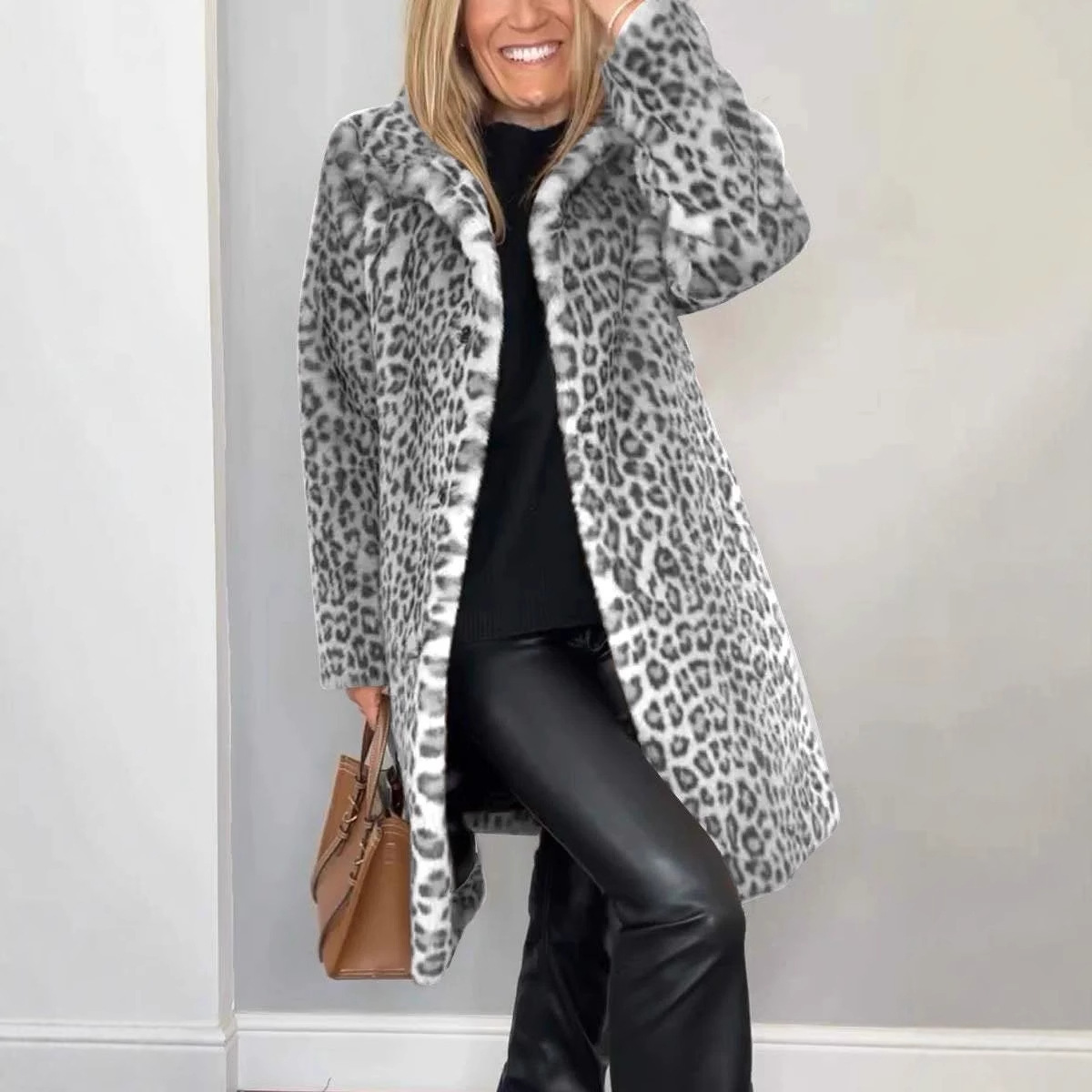 Fall Winter Leopard Print Plush Mid-length Coat - Image 2