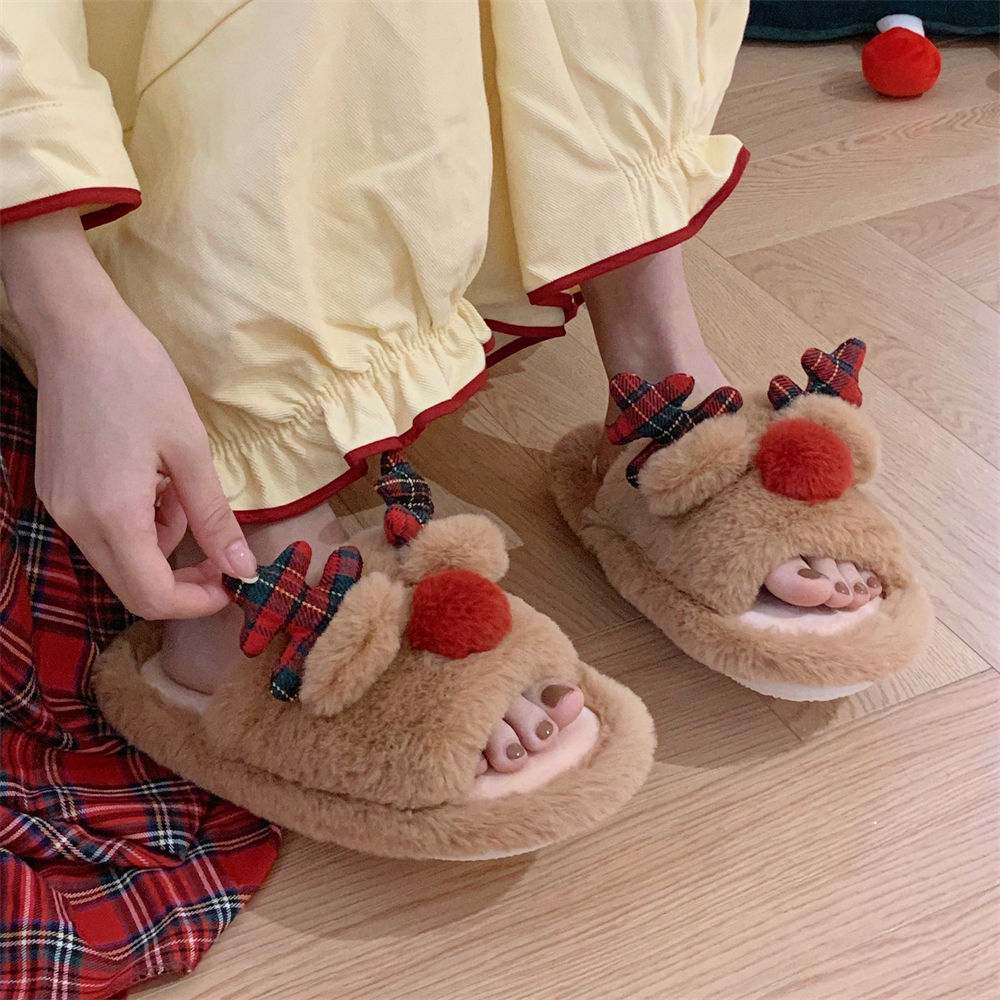 Indoor Cute One-word Cotton Slippers Autumn Women's Cartoon Fluffy Slippers - Image 4
