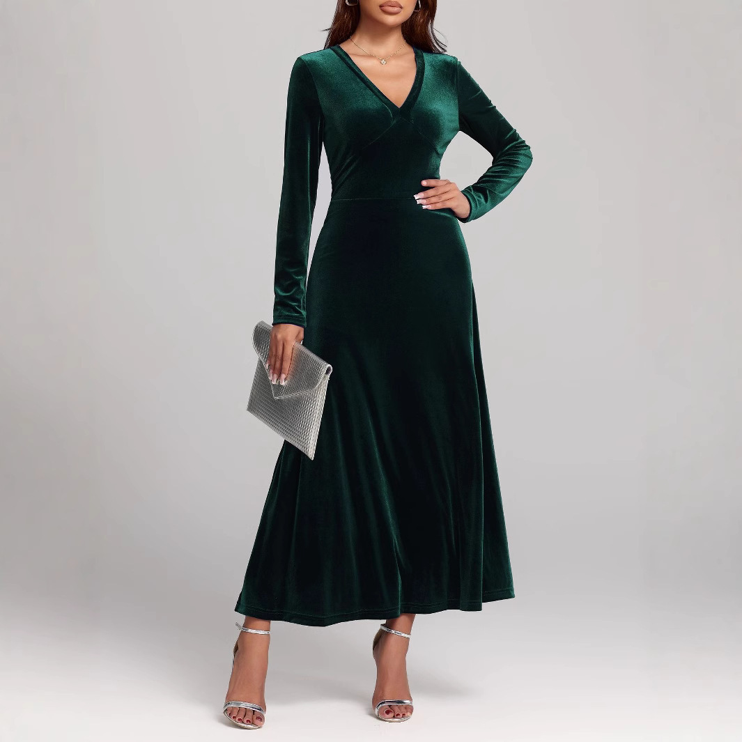 V-neck Long Sleeve Evening Dress Pleuche Dress - Image 3