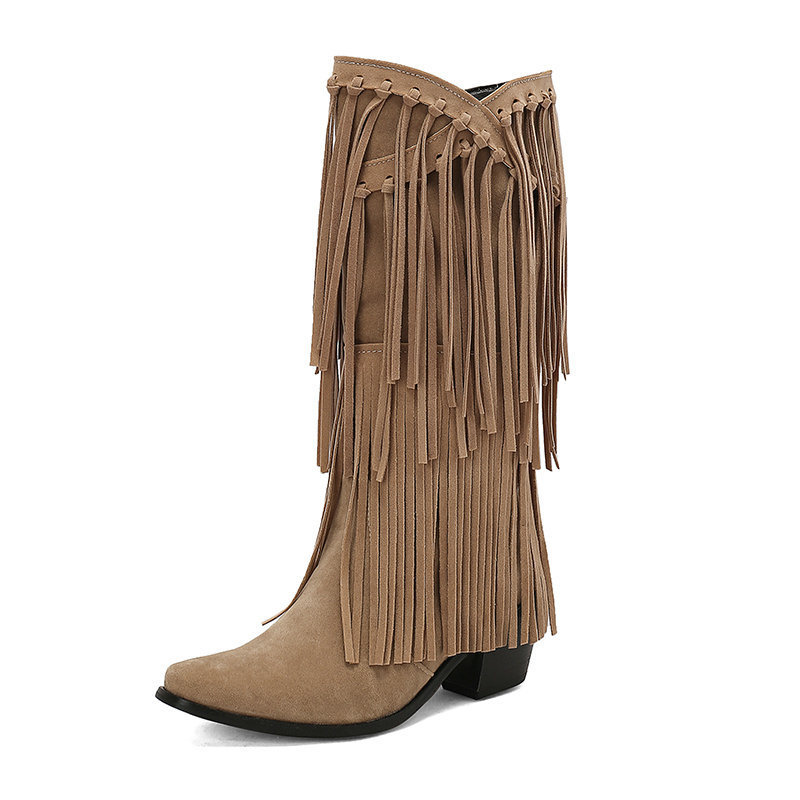 Women's High Boots Autumn And Winter Suede High Heel Tassel Boots Below The Knee - Image 8