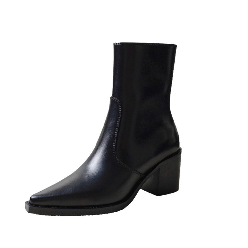 Autumn And Winter Genuine Leather Chunky Heel Martin Boots Ankle Boots - Image 5