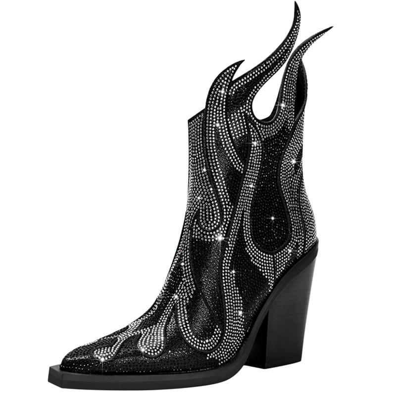New Sexy Square Toe Chunky Heel Rhinestone Flame Martin Boots - Image 8