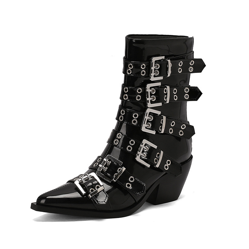 Autumn And Winter Pointed Knight Women's Boots Plus Size Punk Belt Buckle Booties - Image 6