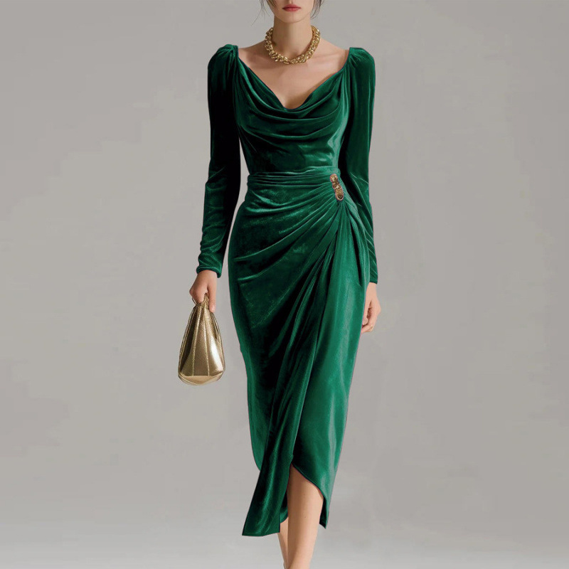 Long Sleeve Pleated Long Slit Velvet Sheath Dress - Image 2