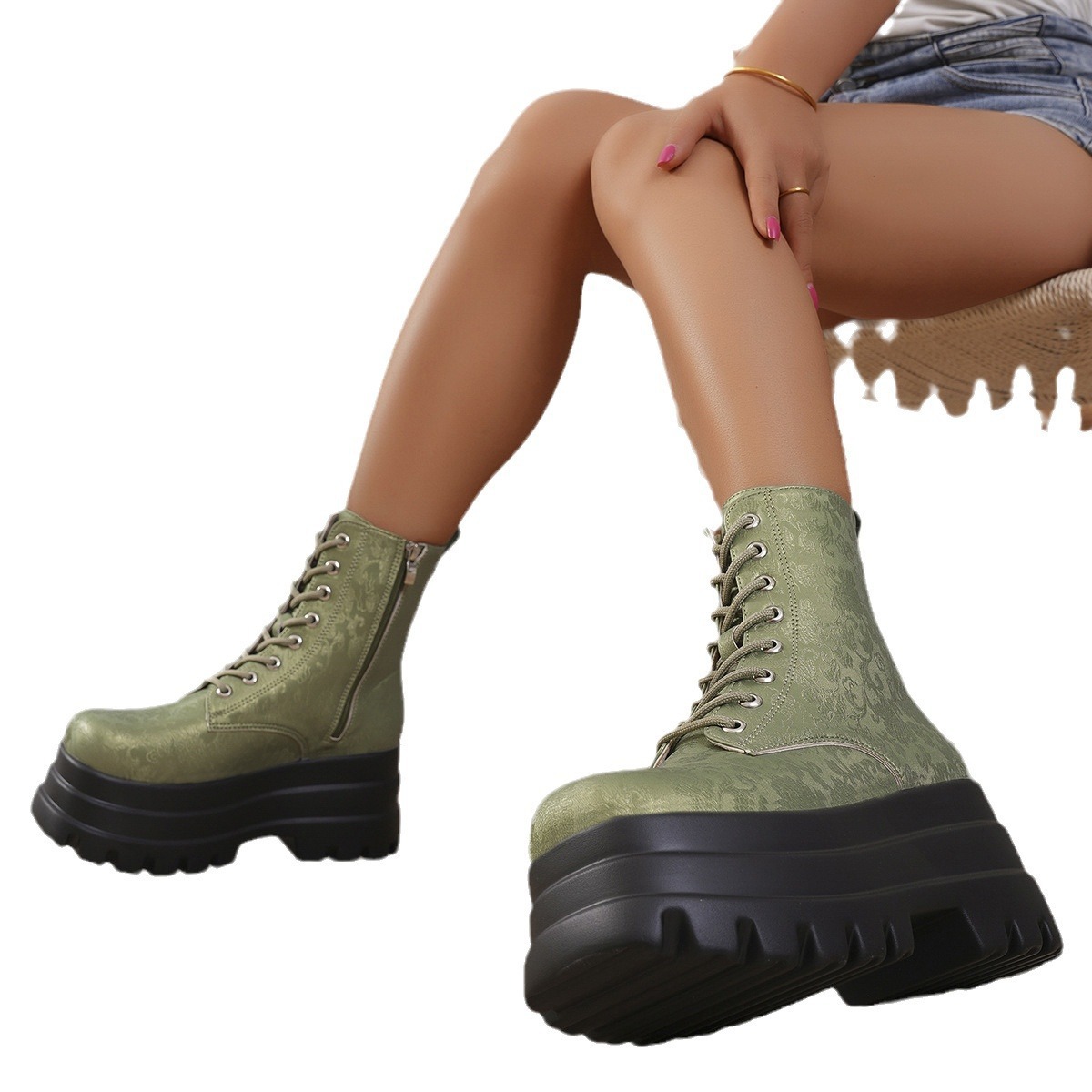 Women's Three-layer Platform Plus Round Toe Patchwork Retro Cool Martin Boots - Image 5