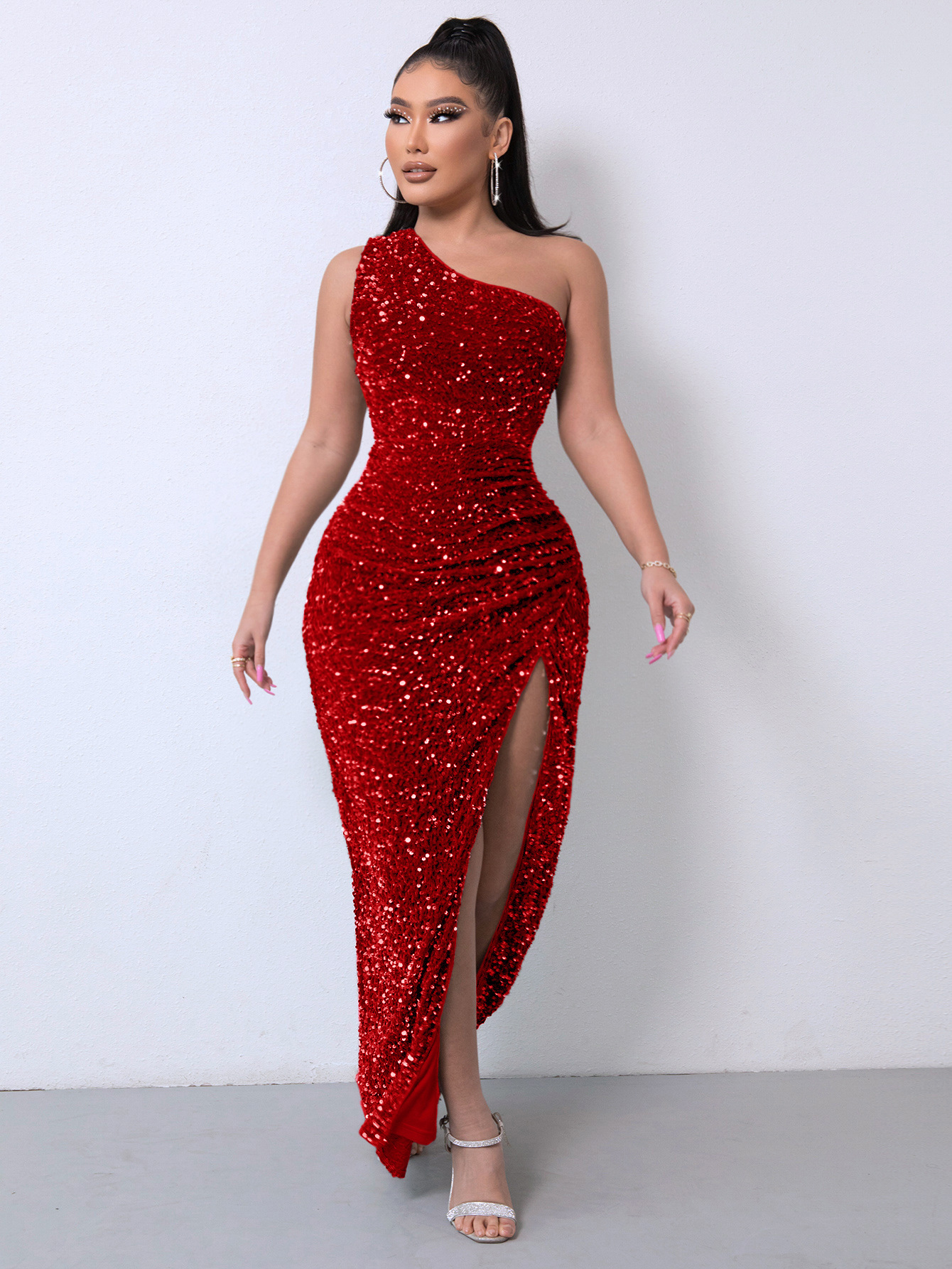 Foreign Trade Sleeveless One Shoulder Slash Neck Sequins Gorgeous Slit Women's Dress – Bild 3