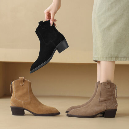 Pointed Toe Chunky Heel Back Zip Short Boots Women's