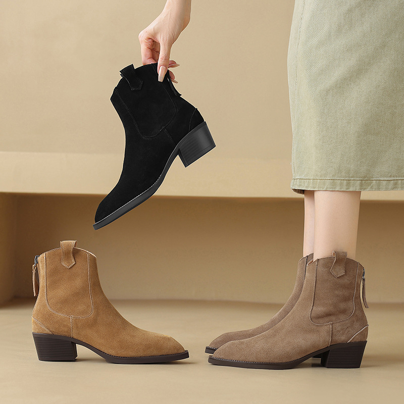 Pointed Toe Chunky Heel Back Zip Short Boots Women's