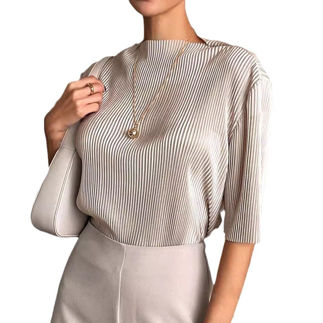 Vertical Striped Puff Sleeve Slim Knitwear Short Sleeve Top - Image 4