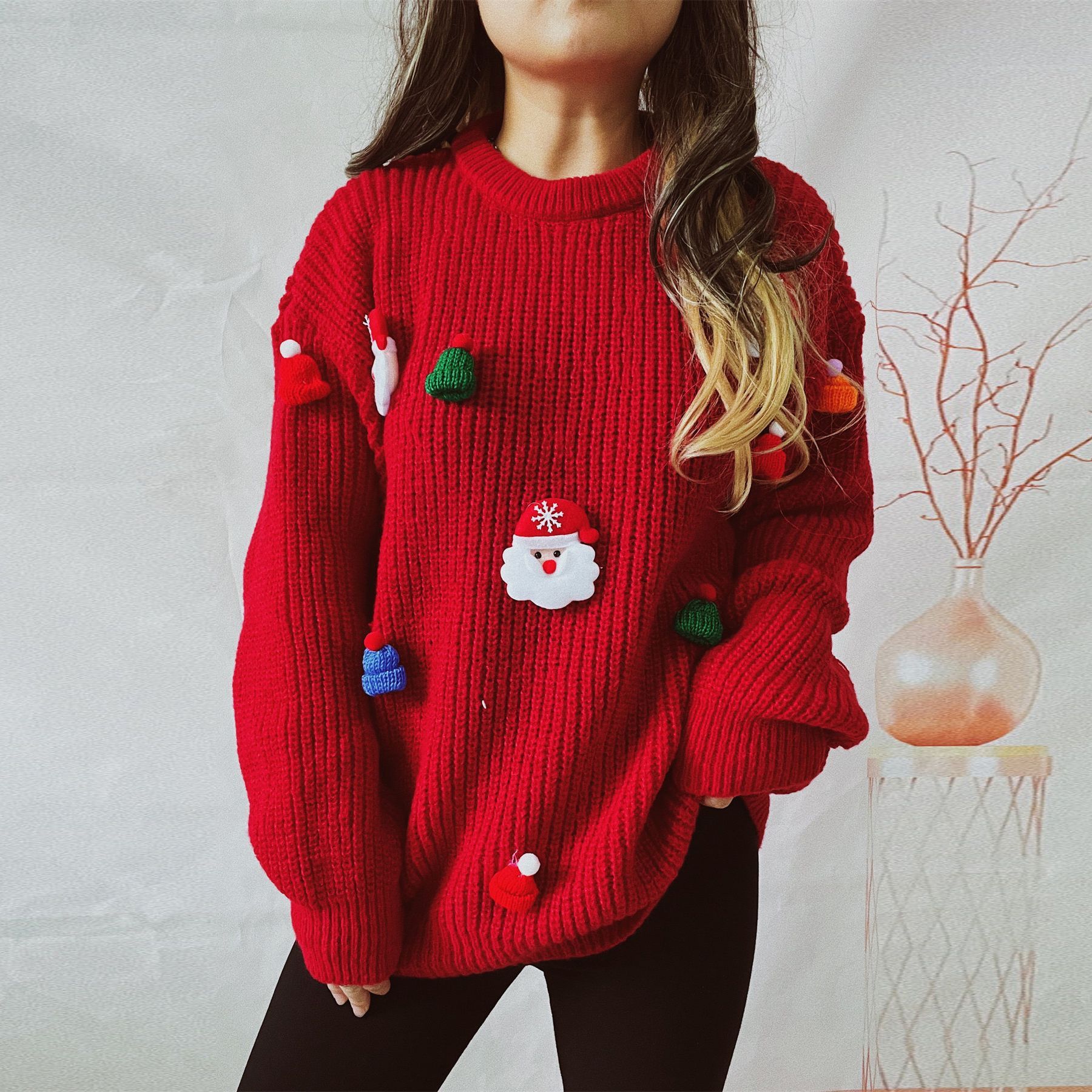 Women's Cute Fashion Santa Claus Three-dimensional Decoration Round Neck Long Sleeve Sweater - Image 4