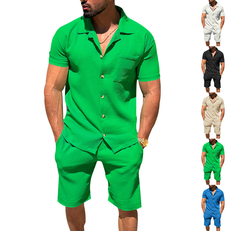 Men's Lapel Cardigan Shorts 2 Pieces Suit Summer Solid Color Vertical Stripes Short Sleeve Shorts — изображение 2