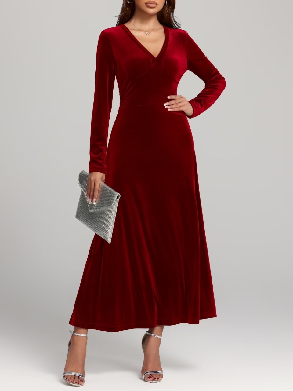 V-neck Long Sleeve Evening Dress Pleuche Dress - Image 7