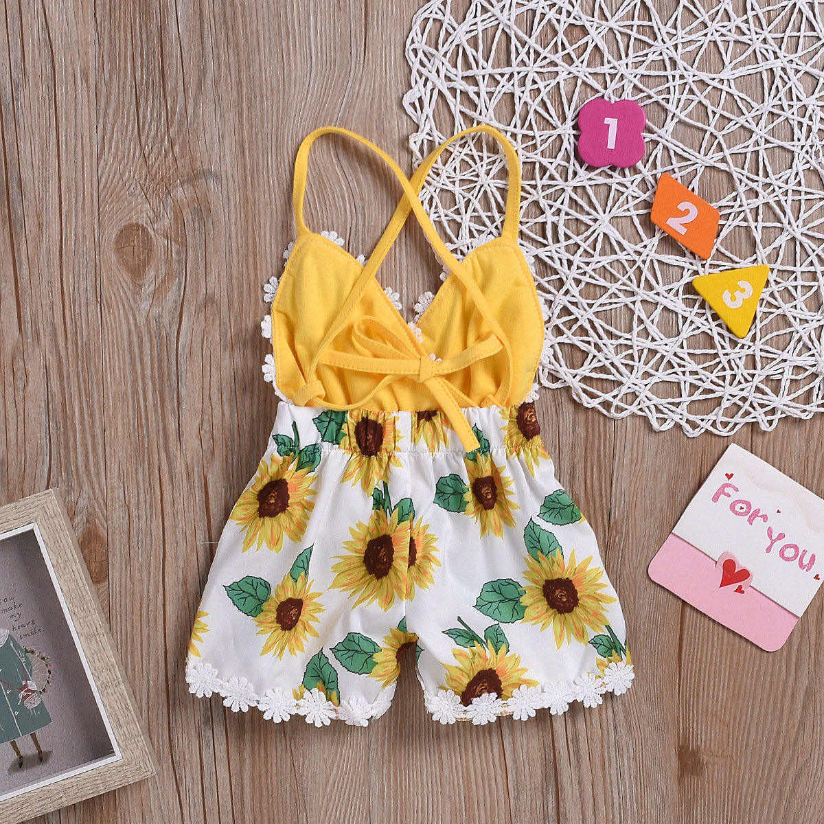 Children's Clothing Girls Baby Jumpsuits Children Sunflower Sling Lace Jumpsuit - Image 5