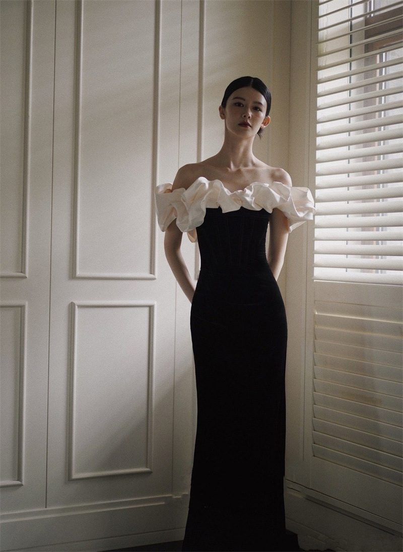 French Satin Evening Dress New Bridal Off-shoulder Elegant Fishtail Welcome Dress – Bild 5