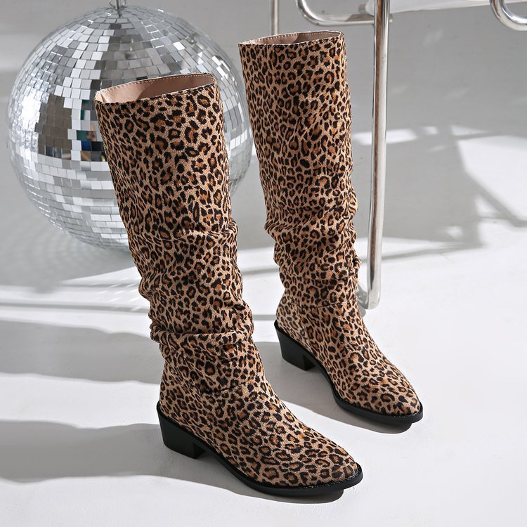 Fashion Square Toe Chunky Heel High Heel Leopard Print Boots - Image 4