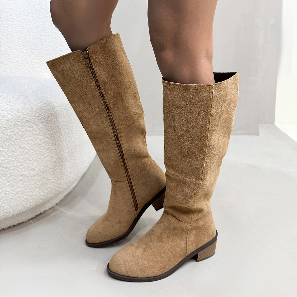 Chunky Heel Small Slim Suede Over The Knee Side Zipper Boots - Image 5