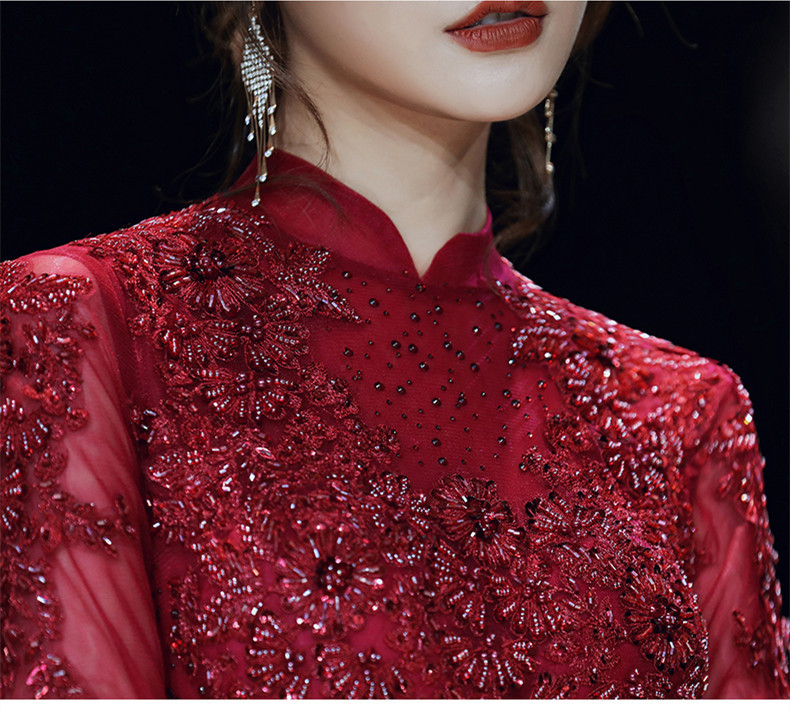 Long Sleeved Wine Red Banquet Temperament - Image 5