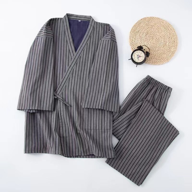 Cotton Double-layer Pajamas Striped Japanese Lace-up Suit - Image 9