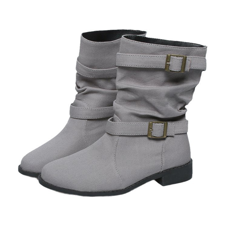 Square Heel Round Toe Women's Denim Leather Boots - Image 5
