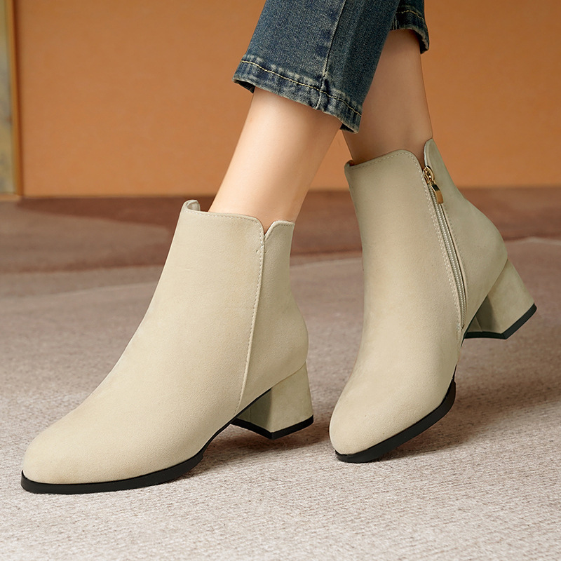 Pointed-toe Frosted Suede Side Zipper Chunky Heel Mid Heel Plus Size Female Boots