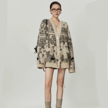 Loose V-neck Jacquard Lazy Sweater Cardigan