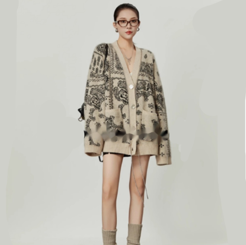 Loose V-neck Jacquard Lazy Sweater Cardigan