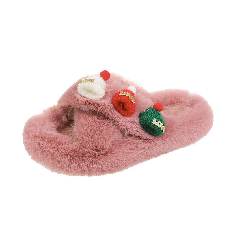Christmas Hat Fluffy Slippers Women's Warm Toe Covering Cotton Slippers — изображение 5
