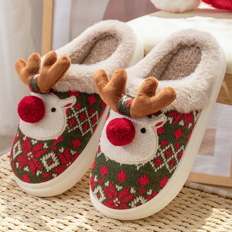 Cute Christmas Elk Plush Slippers Winter Ins Fashion Non-slip Floor Bedroom Home Slippers For Women Fuzzy House Shoes — изображение 4