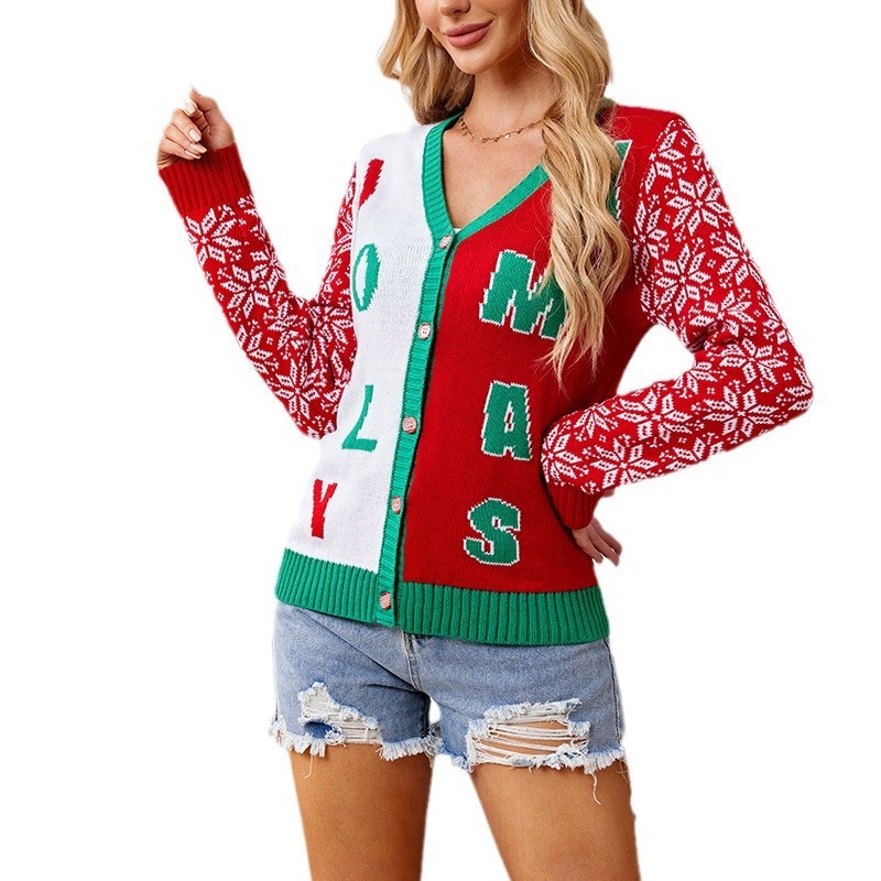 Christmas Sweater Red Casual Letter Jacquard V-neck Knitted Cardigan - Image 5