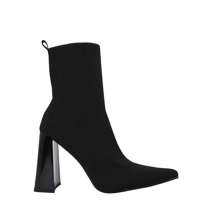 Brown Yellow Geometric High Heel Chunky Heel Retro Ankle Boots Elastic Socks Boots Women - Image 3